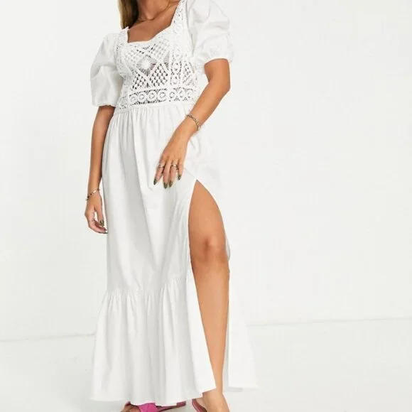 chinese dress ladies Rent ASOS DESIGN Petite Crochet Bardot Midi Dress In Ditsy And Stripe Mix  Print
